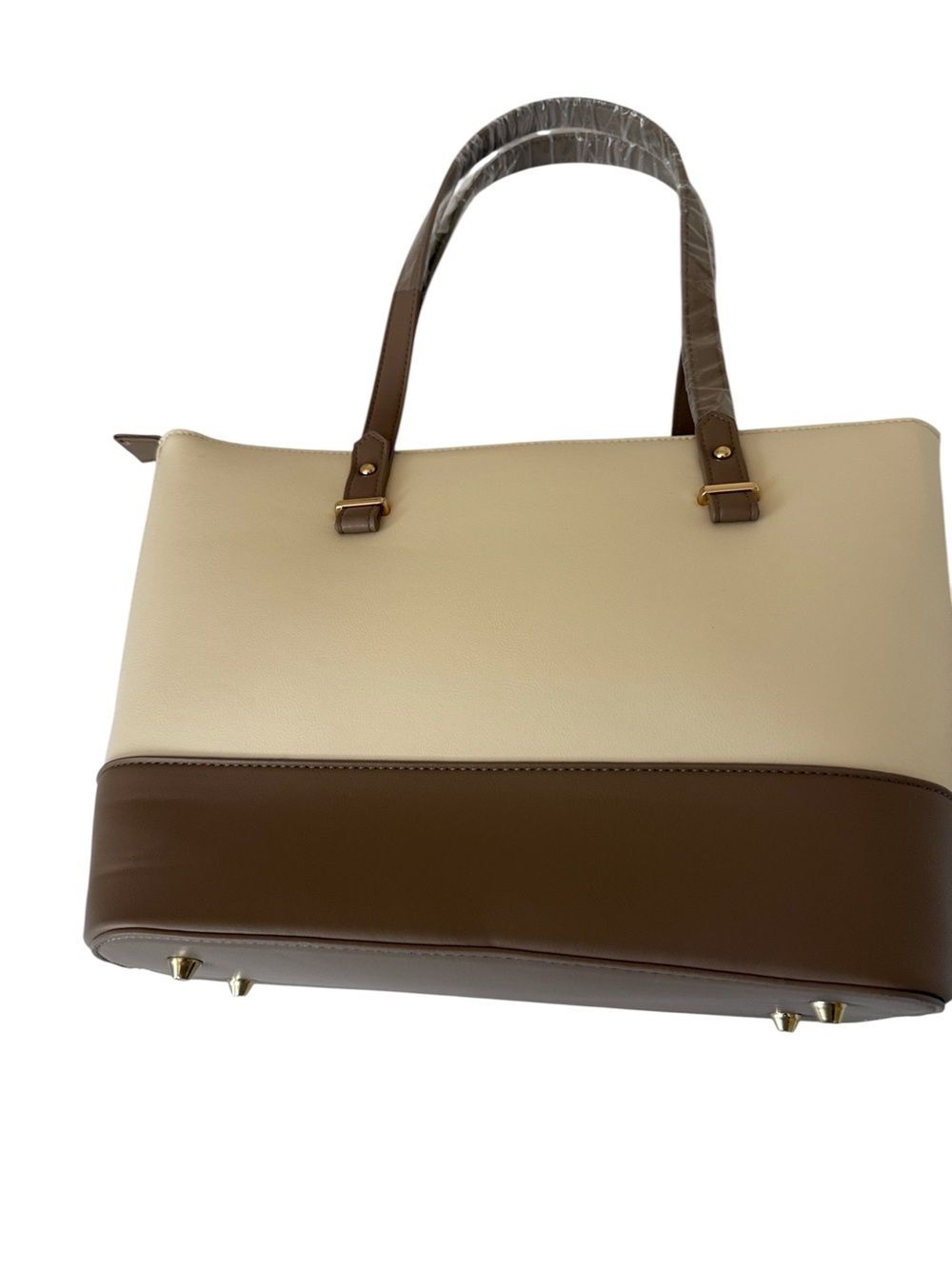 Loulu Elegant Two-Tone Cream /Taupe Structured Tote Bag,faux leather ,15”x10”x5” - Picture 5 of 10